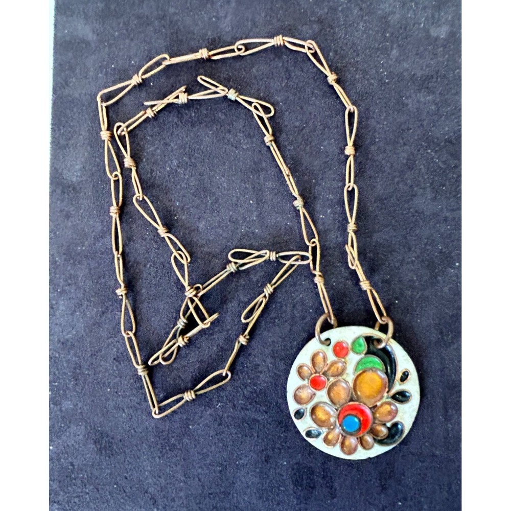 Vtg 70s Enamel Brass Flower Pendant Necklace Original Wire Wrap Chain 24" Boho